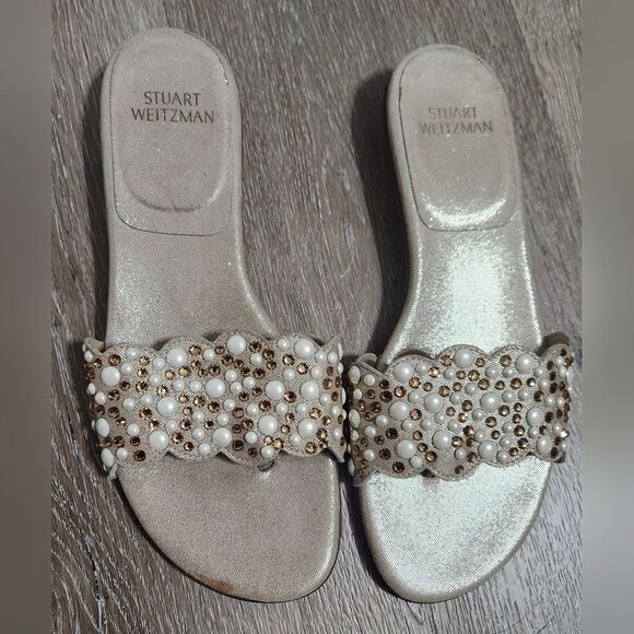 Stuart Weitzman Beige Textured Suede Studded Thong Slides  7.5 - Picture 3 of 8